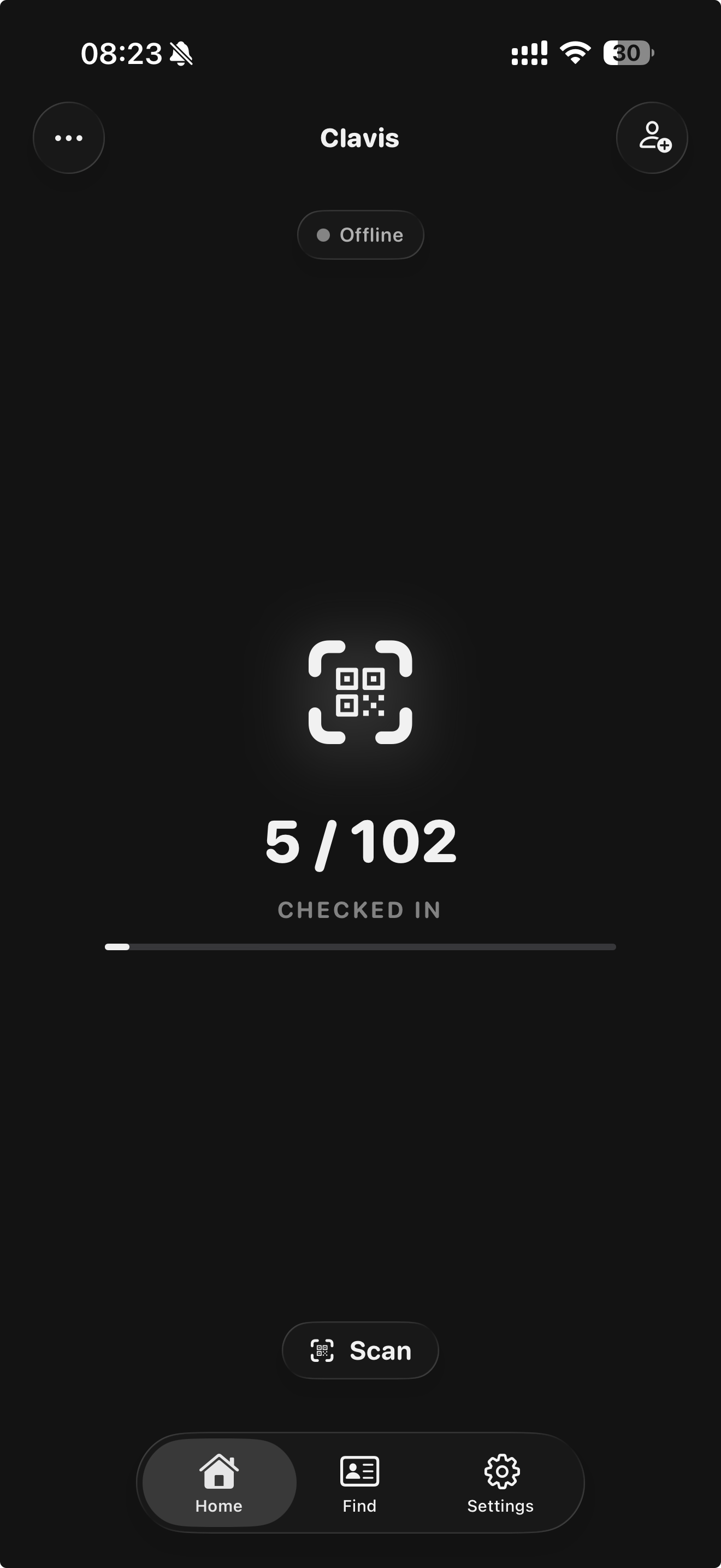 Clavis home screen showing check-in stats